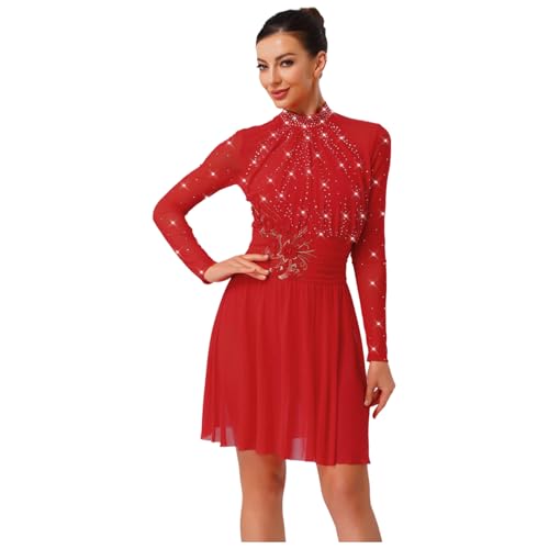 Agoky Damen Lyrisches Kleid Langarm Eiskunstlauf Tanzkleider Ballettkleider Glitzer Rollkragen Gymnastik Gerafft Leotard Trikot mit Skaterrock Rot S von Agoky