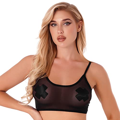 Agoky Damen Mesh BH Transparent Sheer Bralette Sexy Tank Top Basic U-Ausschnitt Weste Sport Fitness Yoga Leibchen Dessous Schwarz C L von Agoky