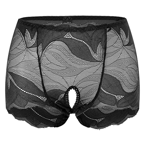 Agoky Damen Mesh Lace Unterhosen Ouvert Unterwäsche mit Schlitz im Schritt Taillenslip Stretch Hotpants Booty Shorts Sommer Elegant Dessous Schwarz L von Agoky