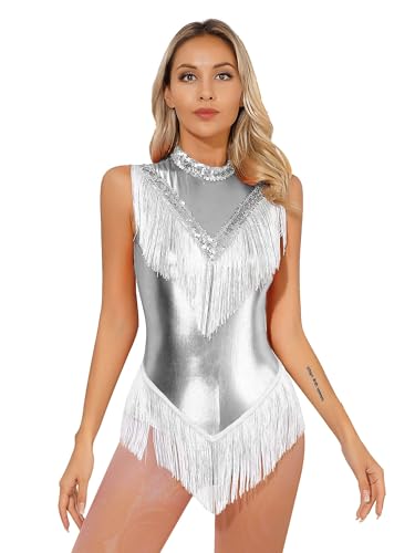 Agoky Damen Metallic Ballettanzug Pailletten Ballett Trikot Tanz-Body Ärmellos Flapper Fransen Kleid Eiskunstlauf Bekleidung Silber F L von Agoky