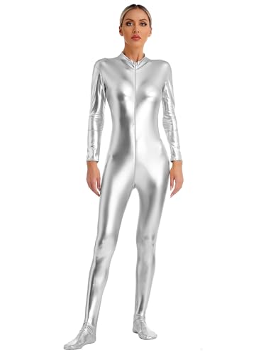 Agoky Damen Metallic Body Langarm Ganzkörperanzug Slim Fit Jumpsuit Overall mit Reisverschluss Skinny Fit Romper Playsuit Disco Clubwear Silber A S von Agoky