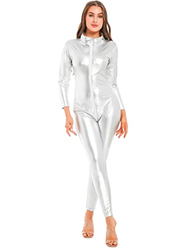 Agoky Damen Metallic Body Langarm Ganzkörperanzug Slim Fit Jumpsuit Overall mit Reisverschluss Skinny Fit Romper Playsuit Disco Clubwear Silber M von Agoky