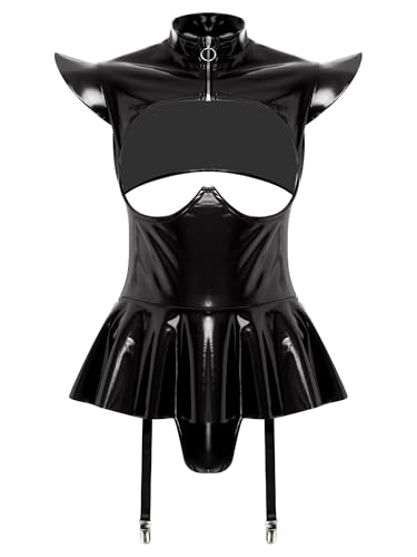 Agoky Damen Metallic Body Wetlook Ouvert Dessous Rollkragen Einteiler Offene Brüste BH mit String Rock Garter Kurze Flügelärmel Catsuit Gogo Outfits Clubwear von Agoky