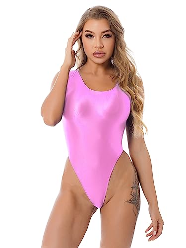 Agoky Damen Metallic Body ohne Arm Top Shirt Hoch geschnitten Stringbody wetlook Einteiler Kostüm Lederoptik Leotard Trikot M L XL Rosa F XL von Agoky