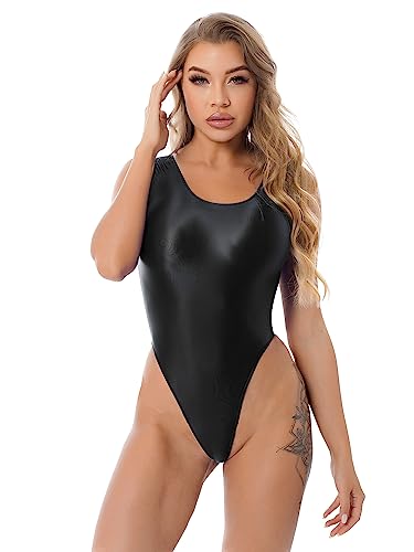 Agoky Damen Metallic Body ohne Arm Top Shirt Hoch geschnitten Stringbody wetlook Einteiler Kostüm Lederoptik Leotard Trikot M L XL Schwarz F M von Agoky