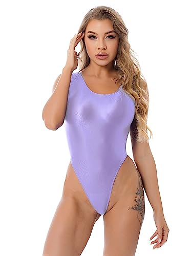 Agoky Damen Metallic Body ohne Arm Top Shirt Hoch geschnitten Stringbody wetlook Einteiler Kostüm Lederoptik Leotard Trikot M L XL Violett F XL von Agoky