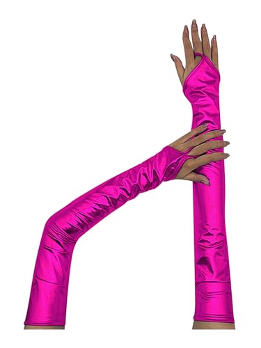 Agoky Damen Metallic Fingerlose Lange Handschuhe Lack Leder Optik Armstulpen Tanzhandschuhe Abendhandschuhe Fäustlinge Kleidung Zubehör Hot Pink Einheitsgröße von Agoky