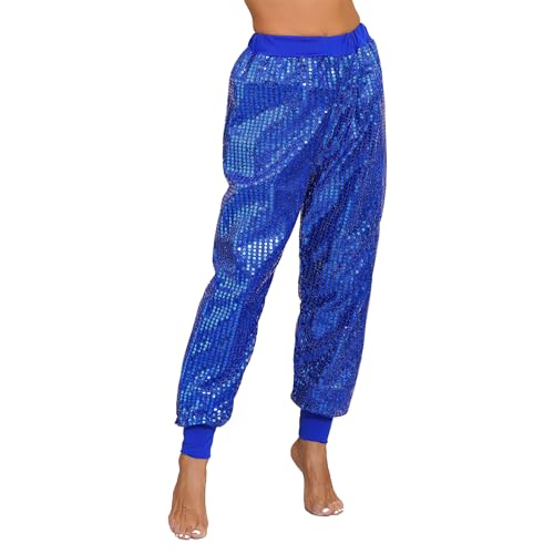 Agoky Damen Metallic Glänzend Hose Hip Hop Baggy Pants High Waist Pants Tanzhose mit Glitzer Shimmer Sporthose Fasching Party Kostüm Blau L-XL von Agoky