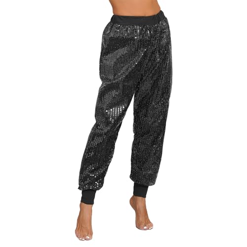 Agoky Damen Metallic Glänzend Hose Hip Hop Baggy Pants High Waist Pants Tanzhose mit Glitzer Shimmer Sporthose Fasching Party Kostüm Schwarz L-XL von Agoky