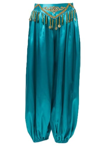 Agoky Damen Metallic Glänzend Hose Hip Hop Baggy Pants High Waist Tanzhose Glitzer Elastischer Bund Sporthose Fasching Bauchtanz Kostüm A Pfauenblau B Einheitsgröße von Agoky