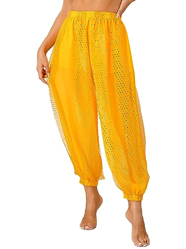 Agoky Damen Metallic Glänzend Hose Hip Hop Baggy Pants High Waist Tanzhose Glitzer Elastischer Bund Sporthose Fasching Bauchtanz Kostüm Gelb Einheitsgröße von Agoky