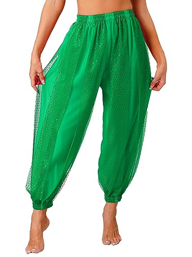 Agoky Damen Metallic Glänzend Hose Hip Hop Baggy Pants High Waist Tanzhose Glitzer Elastischer Bund Sporthose Fasching Bauchtanz Kostüm Grün Einheitsgröße von Agoky