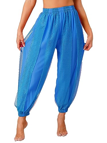 Agoky Damen Metallic Glänzend Hose Hip Hop Baggy Pants High Waist Tanzhose Glitzer Elastischer Bund Sporthose Fasching Bauchtanz Kostüm Himmelblau Einheitsgröße von Agoky