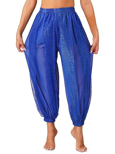 Agoky Damen Metallic Glänzend Hose Hip Hop Baggy Pants High Waist Tanzhose Glitzer Elastischer Bund Sporthose Fasching Bauchtanz Kostüm Königsblau Einheitsgröße von Agoky