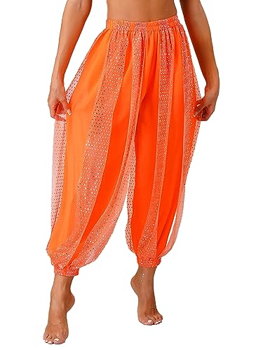 Agoky Damen Metallic Glänzend Hose Hip Hop Baggy Pants High Waist Tanzhose Glitzer Elastischer Bund Sporthose Fasching Bauchtanz Kostüm Orange Einheitsgröße von Agoky