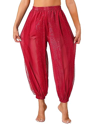 Agoky Damen Metallic Glänzend Hose Hip Hop Baggy Pants High Waist Tanzhose Glitzer Elastischer Bund Sporthose Fasching Bauchtanz Kostüm Rot Einheitsgröße von Agoky
