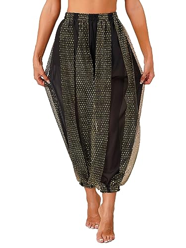 Agoky Damen Metallic Glänzend Hose Hip Hop Baggy Pants High Waist Tanzhose Glitzer Elastischer Bund Sporthose Fasching Bauchtanz Kostüm Schwarz Einheitsgröße von Agoky