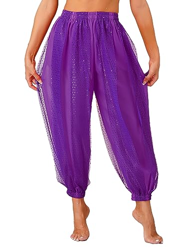 Agoky Damen Metallic Glänzend Hose Hip Hop Baggy Pants High Waist Tanzhose Glitzer Elastischer Bund Sporthose Fasching Bauchtanz Kostüm Violett Einheitsgröße von Agoky