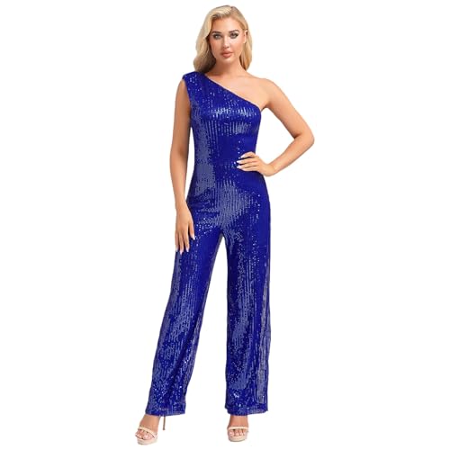 Agoky Damen Metallic Jumpsuit Ein-Schulter Overall mit Pailletten Abend Cocktail Hosenanzug Hohe Taille Modern Jazz Pants Clubwear Blau 3XL von Agoky