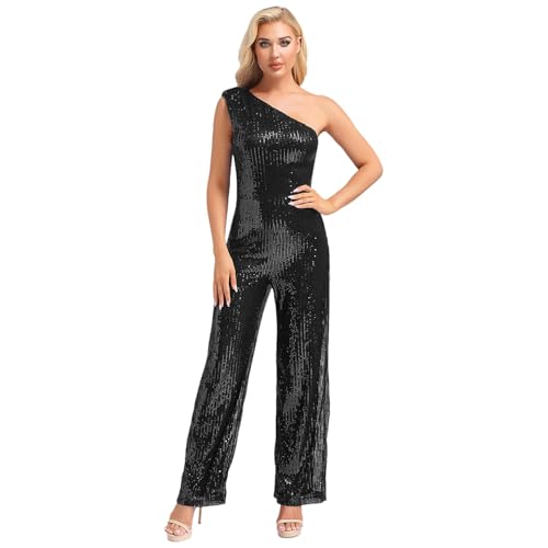 Agoky Damen Metallic Jumpsuit Ein-Schulter Overall mit Pailletten Abend Cocktail Hosenanzug Hohe Taille Modern Jazz Pants Clubwear Schwarz XL von Agoky
