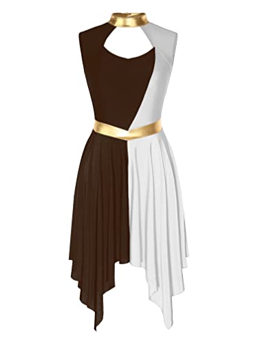 Agoky Damen Metallic Kleid Ärmellos Tanzkleider mit Farbblock Lob Lyrisch Midi Lang Abendkleider Cocktailkleider Ausgestellt Rock Braun weiß D L von Agoky