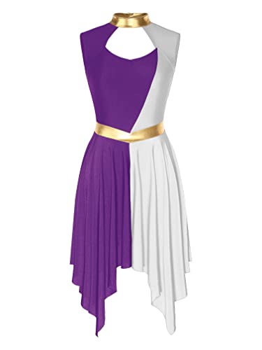 Agoky Damen Metallic Kleid Ärmellos Tanzkleider mit Farbblock Lob Lyrisch Midi Lang Abendkleider Cocktailkleider Ausgestellt Rock Lila & Weiß D XXL von Agoky