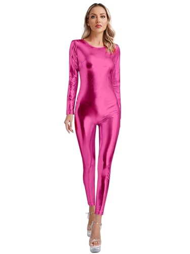Agoky Damen Metallic Turnanzug Ganzkörper Gymnastikanzug Langarm/Kurzarm Jumpsuit Overall mit Zipper Slim Fit Bodycon Romper Stretch Einteiler Tanzbekleidung Hot Pink S von Agoky