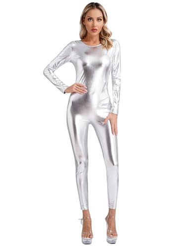 Agoky Damen Metallic Turnanzug Ganzkörper Gymnastikanzug Langarm/Kurzarm Jumpsuit Overall mit Zipper Slim Fit Bodycon Romper Stretch Einteiler Tanzbekleidung Silber S von Agoky