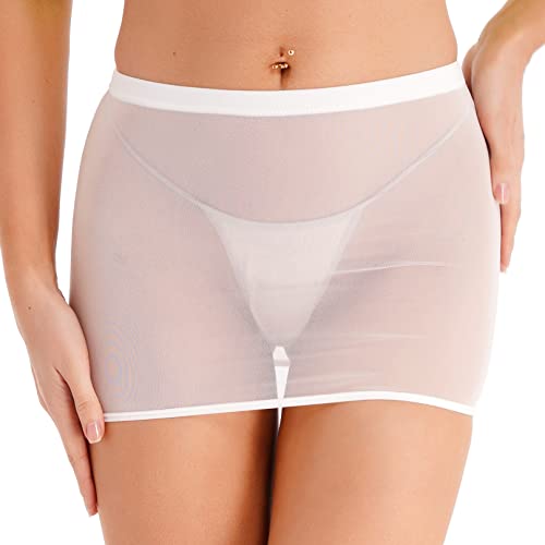 Agoky Damen Micro Mini Rock Transparent Stretch Miederrock Erotik Lingerie Bikini String Tanga Bademode Cover Up Weiß L von Agoky
