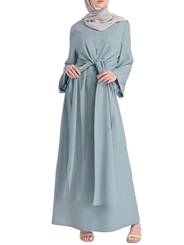 Agoky Damen Muslimische Kleider Kaftan Arab Jilbab Abaya Langarm Freizeitkleid Winterkleid mit Hose Casual Bekleidungsset Streetwear Blau C S von Agoky