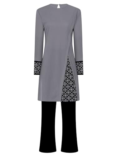 Agoky Damen Muslimische Kleider Kaftan Arab Jilbab Abaya Langarm Freizeitkleid Winterkleid mit Hose Casual Bekleidungsset Streetwear Dunkelgrau H L von Agoky