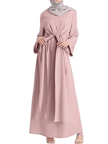 Agoky Damen Muslimische Kleider Kaftan Arab Jilbab Abaya Langarm Freizeitkleid Winterkleid mit Hose Casual Bekleidungsset Streetwear Rosa C 3XL von Agoky