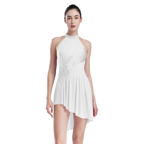 Agoky Damen Neckholder Ballettkleid mit Blumen Asymmetrisches Tutu Kleid Rückenfreies Tanzkleid Standard Glitzer Strass Ballettkleidung Elfenbein S von Agoky