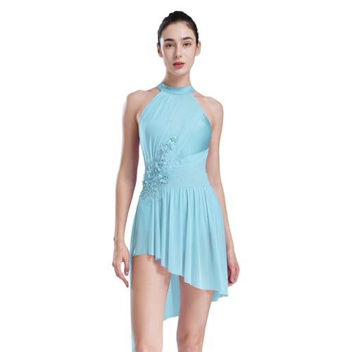 Agoky Damen Neckholder Ballettkleid mit Blumen Asymmetrisches Tutu Kleid Rückenfreies Tanzkleid Standard Glitzer Strass Ballettkleidung Hellblau L von Agoky
