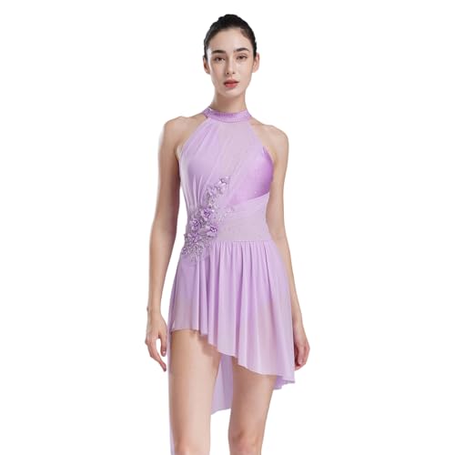 Agoky Damen Neckholder Ballettkleid mit Blumen Asymmetrisches Tutu Kleid Rückenfreies Tanzkleid Standard Glitzer Strass Ballettkleidung Helles Lila S von Agoky