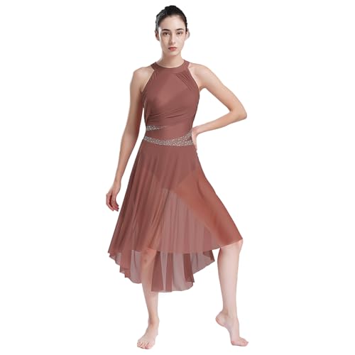 Agoky Damen Neckholder Ballettkleider Unregelmäßig Tanzkleider mit Glitzer Modern Samba Salsa Walzer Cha Cha Lyrische Kleider Altrosa XL von Agoky