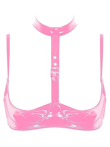 Agoky Damen Neckholder Bikini Bra Push Up Hebe BH Wetlook Lack Leder Unterwäsche Ouvert Dessous Träger Top Busenfreie Reizwäsche Rosa A S von Agoky