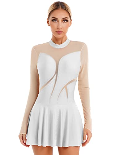 Agoky Damen Neckholder Kleider elegant Langarm Ballettkleid Tanzkleid rückenfrei Eiskunstlauf Kleid Ballett Tanz Gymnastik Trikot Bodysuit gr. 32-40 Weiß G XL von Agoky