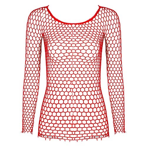 Agoky Damen Netzkleid Durchsichtig Netz-Top Fishnet GoGo Longsleeve Langarmshirt Netzshirt Minikleid Longtop Erotisch Nachtwäsche Rot F Einheitsgröße von Agoky