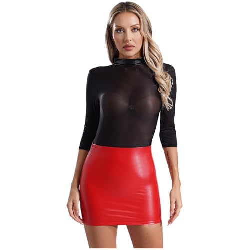 Agoky Damen ÖL Glänzend Kleid Rollkragen Bodycon Minikleid Patchwork aus Mesh Oberteil und Slim Fit Rock Hohe Taille Kleidchen Clubwear Schwarz Rot Einheitsgröße von Agoky