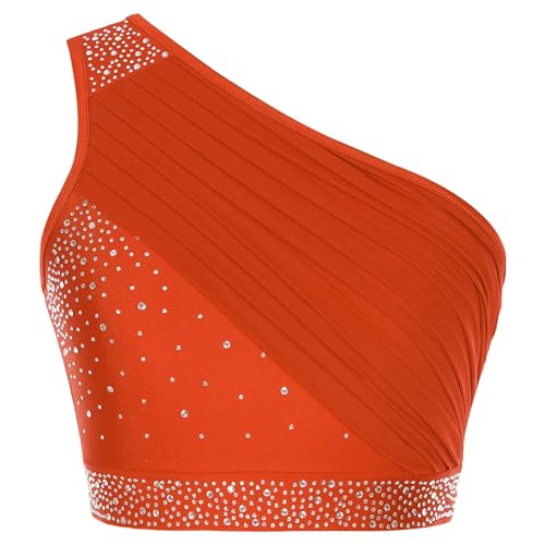 Agoky Damen One Shoulder Crop Top mit Mesh Overlay Strassstein Lyrisch Tanz Oberteil Kurz Bauchfrei Shirts Glitzer Fitness Yoga Gym Outfits Orange S von Agoky