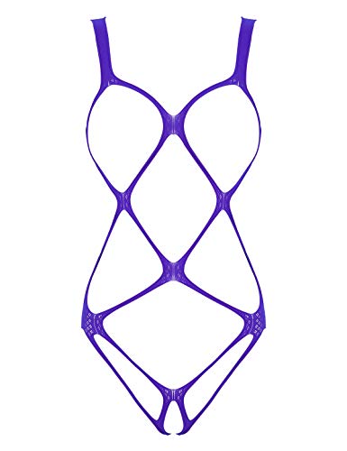 Agoky Damen Ouvert Bodysuit Offene Cups Stretch Stringbody Bandage Hohl Unterwäsche Erotik Reizwäsche Frauen Bikini Bademode Violett One Size von Agoky