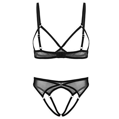 Agoky Damen Ouvert Dessous Set Durchsichtig Mesh BH Offene Cups Offener Schritt Slip Sexy Unterwäsche Party Clubwear Schwarz D 4XL von Agoky