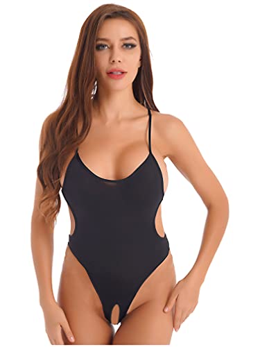 Agoky Damen Ouvert String Body Tiefer Ausschnitt Bodysuit Rückenfrei Leotard High Cut Halb-Transparent Einteiler Dessous Unterwäsche Schwarz C L von Agoky