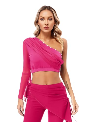 Agoky Damen Pailletten Bauchtanz Top Halbarm Shirts mit Münzen Tänzerin Crop Top Kurz Bauchfrei Oberteile Dancewear Hot Pink C Einheitsgröße von Agoky