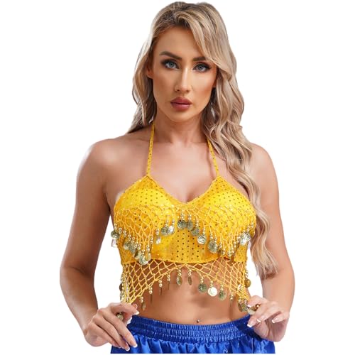 Agoky Damen Pailletten Bauchtanz Top Halter Shirts mit Münzen Bauchtänzerin Crop Top Kurz Bauchfrei Oberteile Dancewear Gelb Einheitsgröße von Agoky