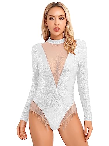 Agoky Damen Pailletten Body Langarm Mesh Spleiß Gymnastikanzug Turnanzug mit Fransen Glitzer Leotard Festlich Flapper Disco Tanz Outfit Silber XL von Agoky