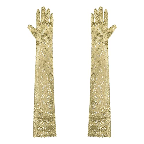 Agoky Damen Pailletten Handschuhe Abendhandschuhe Ellenbogen Lang Party Hochzeit Braut Armstulpen Fäustlinge Gloves Gold Einheitsgröße von Agoky