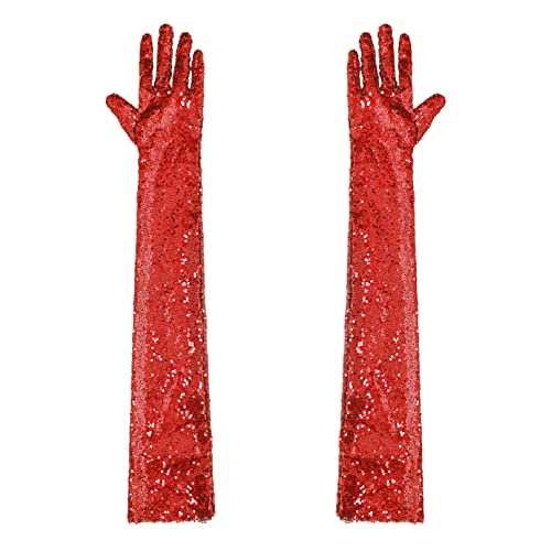 Agoky Damen Pailletten Handschuhe Abendhandschuhe Ellenbogen Lang Party Hochzeit Braut Armstulpen Fäustlinge Gloves Rot Einheitsgröße von Agoky