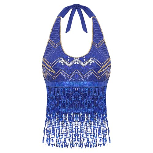 Agoky Damen Pailletten Top Neckholder Shirt Bauchtanz Oberteile mit Glitzer Fransen Sport Crop Tops Tanz Gogo Outfits Motto Party Clubwear Königsblau Einheitsgröße Agoky Damen Pailletten Top Neckholder Shirt Bauchtanz Oberteile mit Glitzer Fransen Sport Crop Tops Tanz Gogo Outfits Motto Party Clubwear Königsblau Einheitsgröße von Agoky